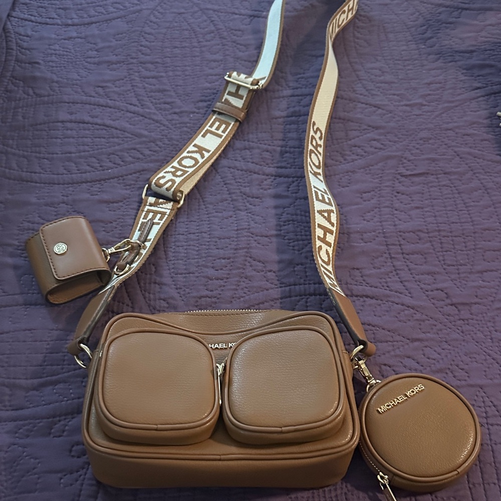Michael Kors Brown Pebbled Leather Crossbody with Coin Pouch and Strap Logo